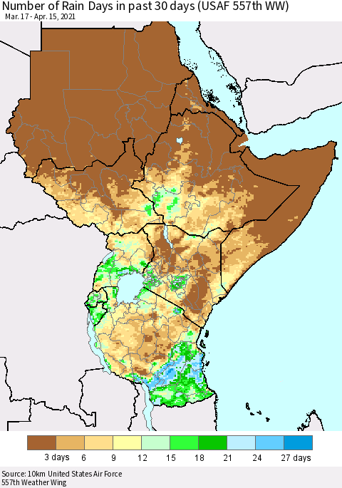 Eastern Africa Number of Rain Days in past 30 days (USAF 557th WW) 04/15/2021 Thematic Map For 4/11/2021 - 4/15/2021