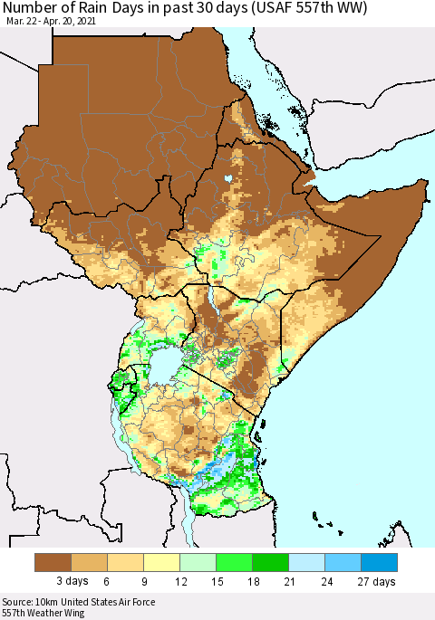 Eastern Africa Number of Rain Days in past 30 days (USAF 557th WW) 04/20/2021 Thematic Map For 4/16/2021 - 4/20/2021