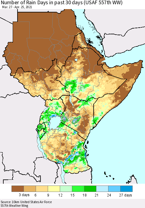 Eastern Africa Number of Rain Days in past 30 days (USAF 557th WW) 04/25/2021 Thematic Map For 4/21/2021 - 4/25/2021