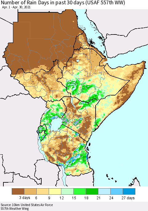 Eastern Africa Number of Rain Days in past 30 days (USAF 557th WW) 04/30/2021 Thematic Map For 4/26/2021 - 4/30/2021