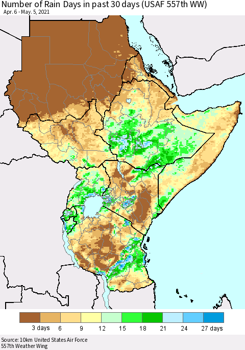 Eastern Africa Number of Rain Days in past 30 days (USAF 557th WW) 05/05/2021 Thematic Map For 5/1/2021 - 5/5/2021