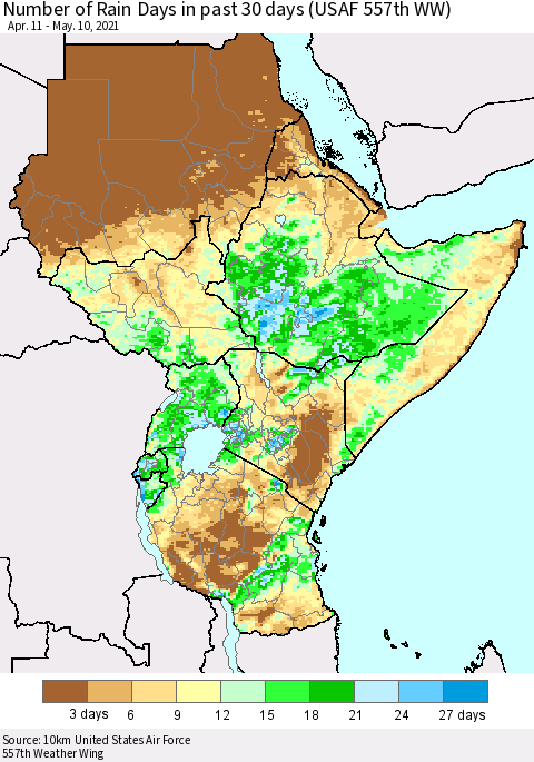 Eastern Africa Number of Rain Days in past 30 days (USAF 557th WW) 05/10/2021 Thematic Map For 5/6/2021 - 5/10/2021