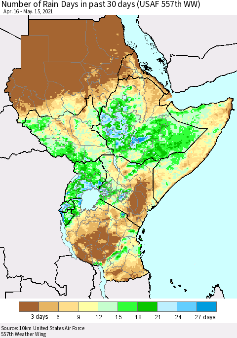 Eastern Africa Number of Rain Days in past 30 days (USAF 557th WW) 05/15/2021 Thematic Map For 5/11/2021 - 5/15/2021