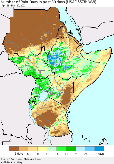 Eastern Africa Number of Rain Days in past 30 days (USAF 557th WW) 05/20/2021 Thematic Map For 5/16/2021 - 5/20/2021