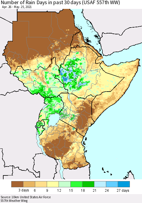 Eastern Africa Number of Rain Days in past 30 days (USAF 557th WW) 05/25/2021 Thematic Map For 5/21/2021 - 5/25/2021