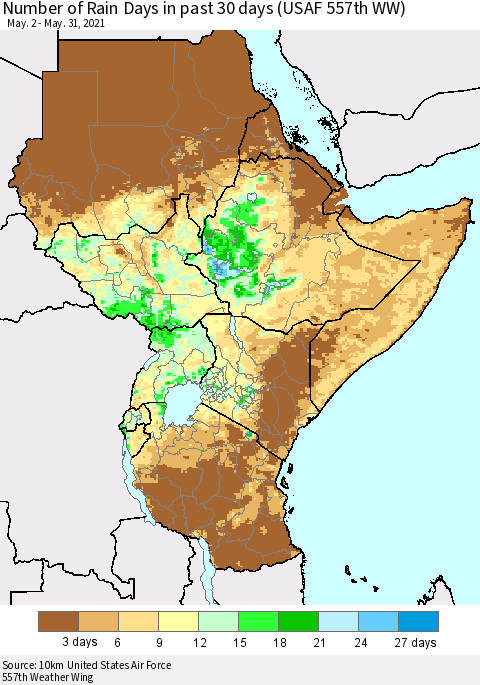 Eastern Africa Number of Rain Days in past 30 days (USAF 557th WW) 05/31/2021 Thematic Map For 5/26/2021 - 5/31/2021