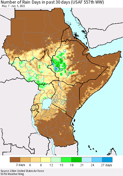 Eastern Africa Number of Rain Days in past 30 days (USAF 557th WW) 06/05/2021 Thematic Map For 6/1/2021 - 6/5/2021