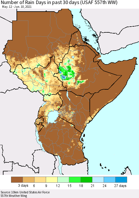 Eastern Africa Number of Rain Days in past 30 days (USAF 557th WW) 06/10/2021 Thematic Map For 6/6/2021 - 6/10/2021