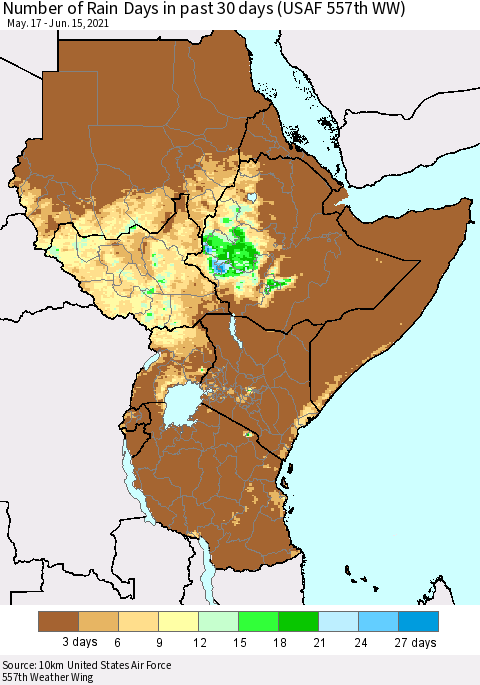 Eastern Africa Number of Rain Days in past 30 days (USAF 557th WW) 06/15/2021 Thematic Map For 6/11/2021 - 6/15/2021