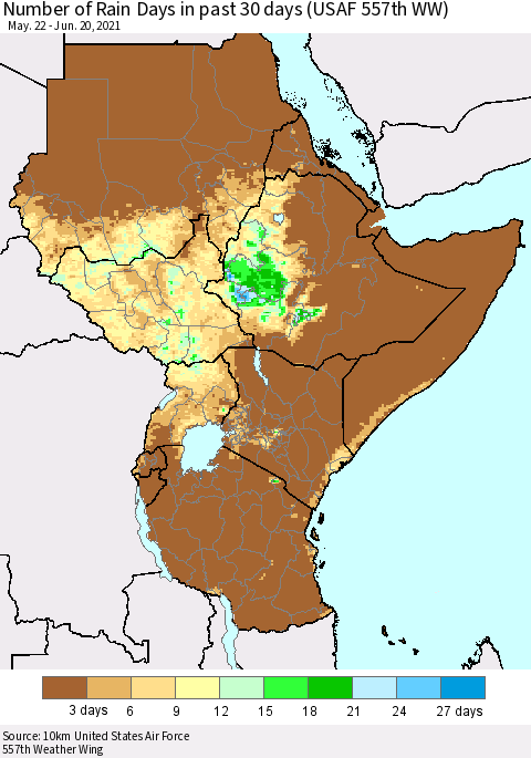 Eastern Africa Number of Rain Days in past 30 days (USAF 557th WW) 06/20/2021 Thematic Map For 6/16/2021 - 6/20/2021