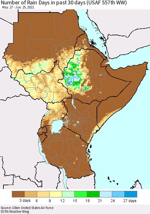 Eastern Africa Number of Rain Days in past 30 days (USAF 557th WW) 06/25/2021 Thematic Map For 6/21/2021 - 6/25/2021