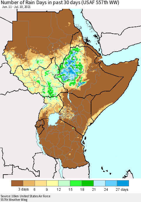Eastern Africa Number of Rain Days in past 30 days (USAF 557th WW) 07/10/2021 Thematic Map For 7/6/2021 - 7/10/2021