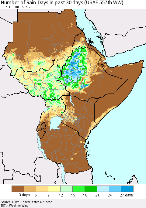 Eastern Africa Number of Rain Days in past 30 days (USAF 557th WW) 07/15/2021 Thematic Map For 7/11/2021 - 7/15/2021