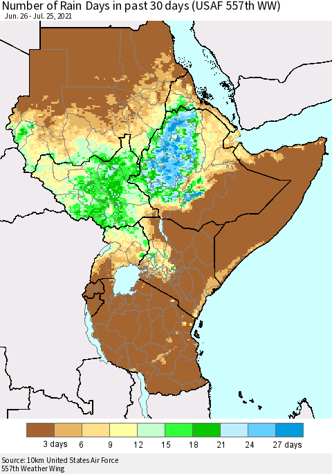 Eastern Africa Number of Rain Days in past 30 days (USAF 557th WW) 07/25/2021 Thematic Map For 7/21/2021 - 7/25/2021