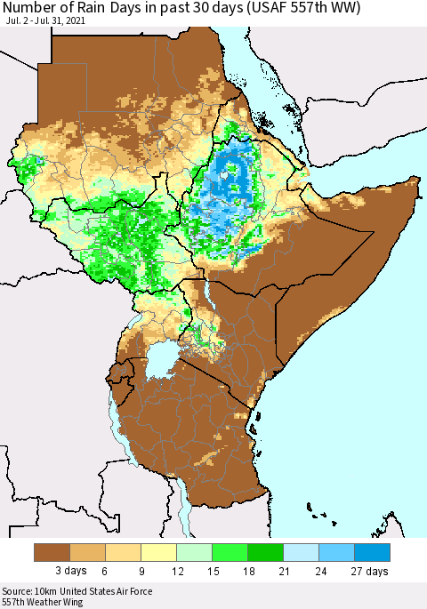 Eastern Africa Number of Rain Days in past 30 days (USAF 557th WW) 07/31/2021 Thematic Map For 7/26/2021 - 7/31/2021