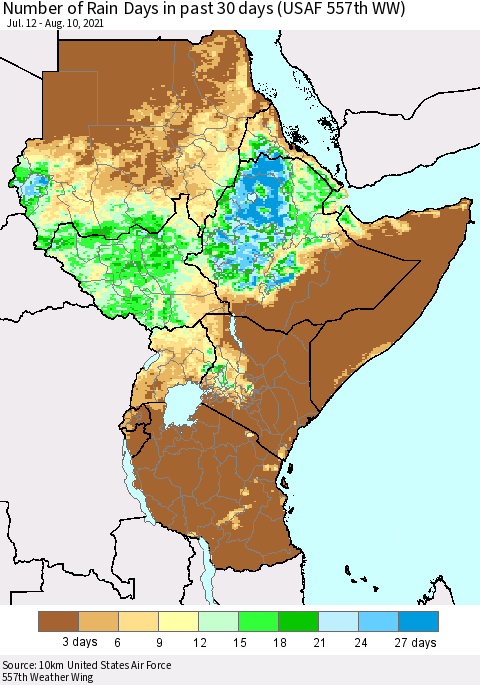 Eastern Africa Number of Rain Days in past 30 days (USAF 557th WW) 08/10/2021 Thematic Map For 8/6/2021 - 8/10/2021
