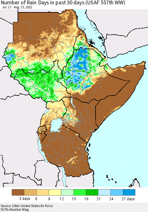 Eastern Africa Number of Rain Days in past 30 days (USAF 557th WW) 08/15/2021 Thematic Map For 8/11/2021 - 8/15/2021