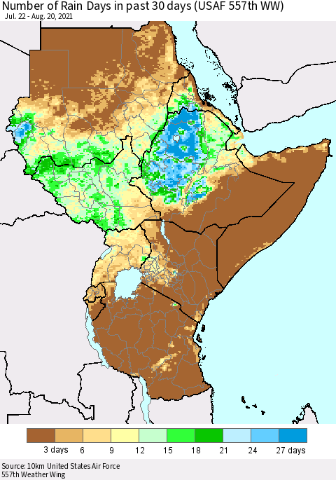 Eastern Africa Number of Rain Days in past 30 days (USAF 557th WW) 08/20/2021 Thematic Map For 8/16/2021 - 8/20/2021