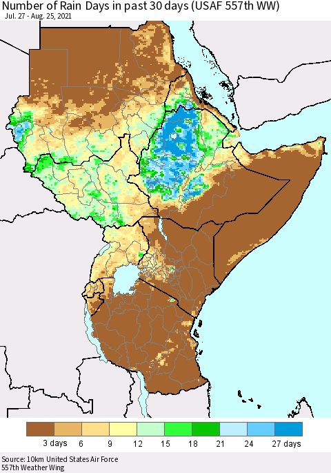 Eastern Africa Number of Rain Days in past 30 days (USAF 557th WW) 08/25/2021 Thematic Map For 8/21/2021 - 8/25/2021