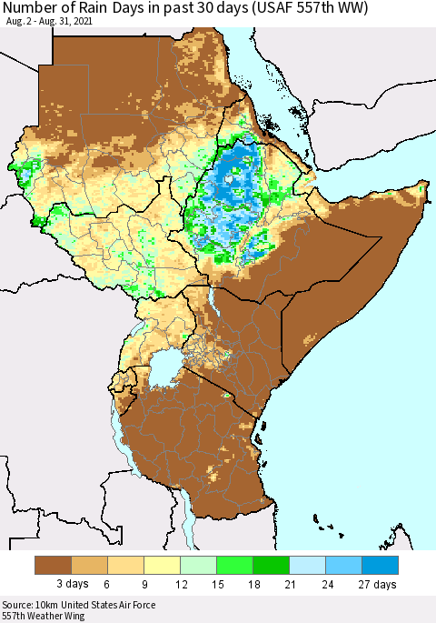 Eastern Africa Number of Rain Days in past 30 days (USAF 557th WW) 08/31/2021 Thematic Map For 8/26/2021 - 8/31/2021