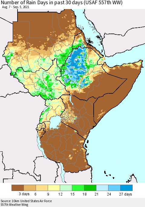 Eastern Africa Number of Rain Days in past 30 days (USAF 557th WW) 09/05/2021 Thematic Map For 9/1/2021 - 9/5/2021
