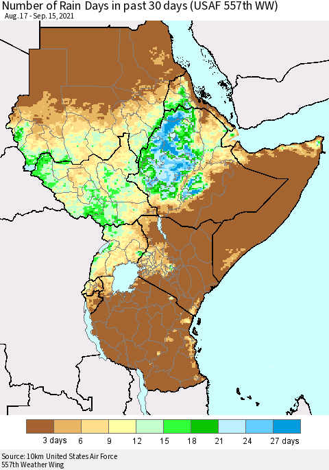 Eastern Africa Number of Rain Days in past 30 days (USAF 557th WW) 09/15/2021 Thematic Map For 9/11/2021 - 9/15/2021