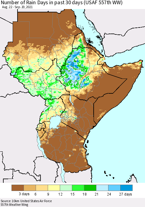 Eastern Africa Number of Rain Days in past 30 days (USAF 557th WW) 09/20/2021 Thematic Map For 9/16/2021 - 9/20/2021