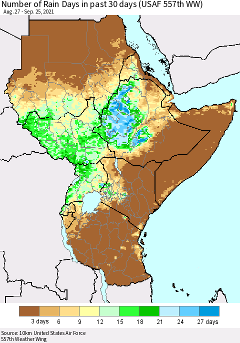 Eastern Africa Number of Rain Days in past 30 days (USAF 557th WW) 09/25/2021 Thematic Map For 9/21/2021 - 9/25/2021