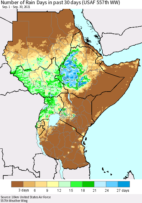Eastern Africa Number of Rain Days in past 30 days (USAF 557th WW) 09/30/2021 Thematic Map For 9/26/2021 - 9/30/2021
