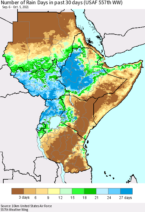 Eastern Africa Number of Rain Days in past 30 days (USAF 557th WW) 10/05/2021 Thematic Map For 10/1/2021 - 10/5/2021