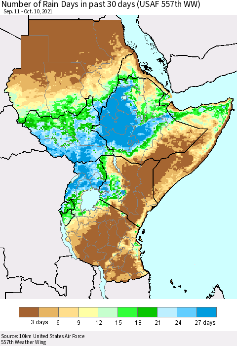 Eastern Africa Number of Rain Days in past 30 days (USAF 557th WW) 10/10/2021 Thematic Map For 10/6/2021 - 10/10/2021