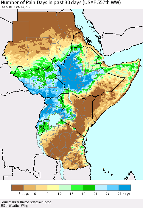 Eastern Africa Number of Rain Days in past 30 days (USAF 557th WW) 10/15/2021 Thematic Map For 10/11/2021 - 10/15/2021
