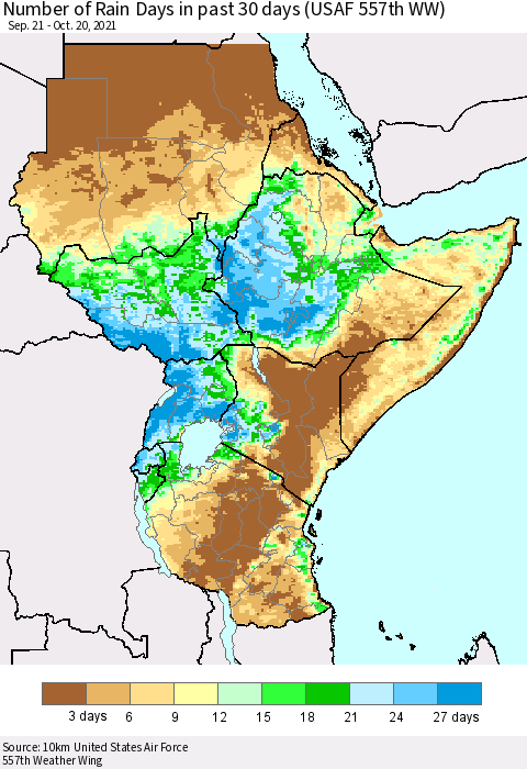 Eastern Africa Number of Rain Days in past 30 days (USAF 557th WW) 10/20/2021 Thematic Map For 10/16/2021 - 10/20/2021
