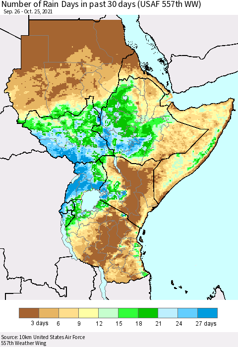 Eastern Africa Number of Rain Days in past 30 days (USAF 557th WW) 10/25/2021 Thematic Map For 10/21/2021 - 10/25/2021