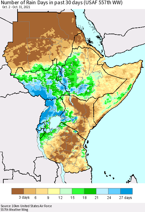 Eastern Africa Number of Rain Days in past 30 days (USAF 557th WW) 10/31/2021 Thematic Map For 10/26/2021 - 10/31/2021