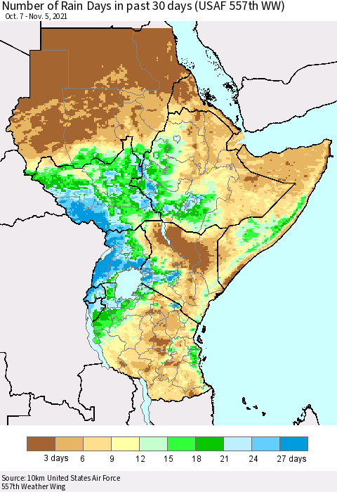 Eastern Africa Number of Rain Days in past 30 days (USAF 557th WW) 11/05/2021 Thematic Map For 11/1/2021 - 11/5/2021