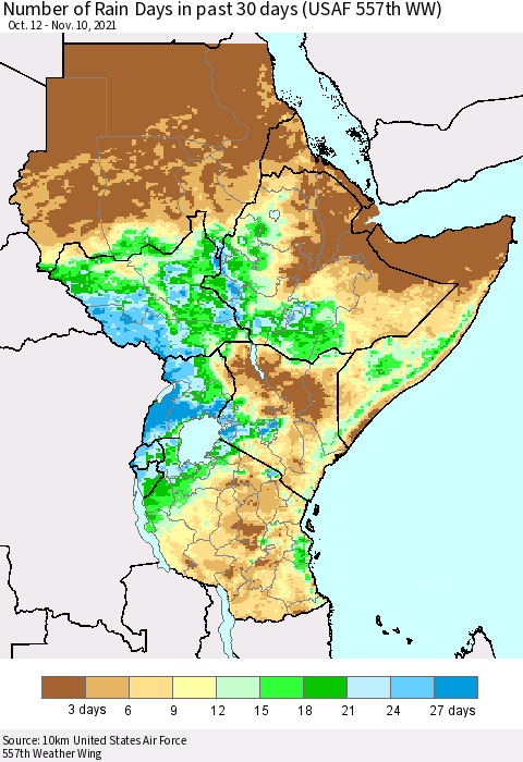 Eastern Africa Number of Rain Days in past 30 days (USAF 557th WW) 11/10/2021 Thematic Map For 11/6/2021 - 11/10/2021