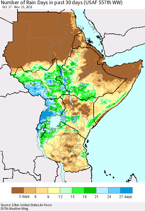 Eastern Africa Number of Rain Days in past 30 days (USAF 557th WW) 11/15/2021 Thematic Map For 11/11/2021 - 11/15/2021