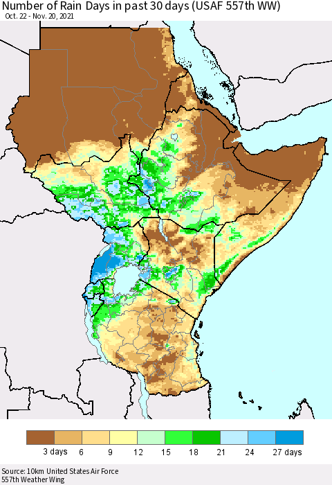 Eastern Africa Number of Rain Days in past 30 days (USAF 557th WW) 11/20/2021 Thematic Map For 11/16/2021 - 11/20/2021