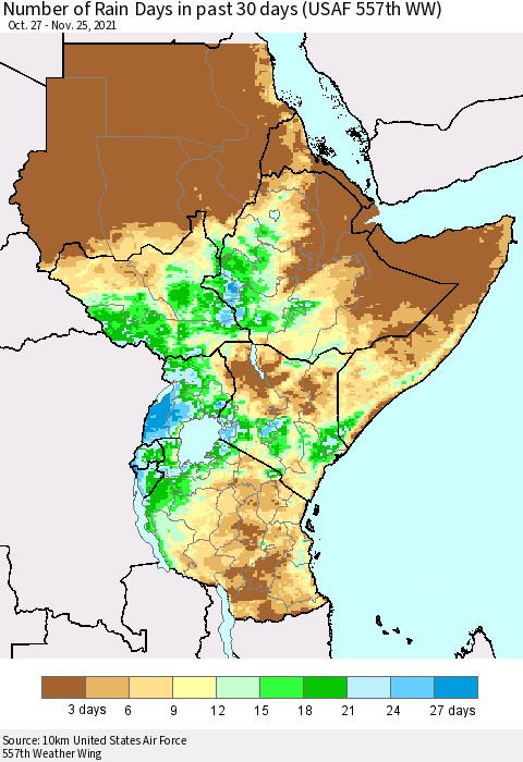 Eastern Africa Number of Rain Days in past 30 days (USAF 557th WW) 11/25/2021 Thematic Map For 11/21/2021 - 11/25/2021