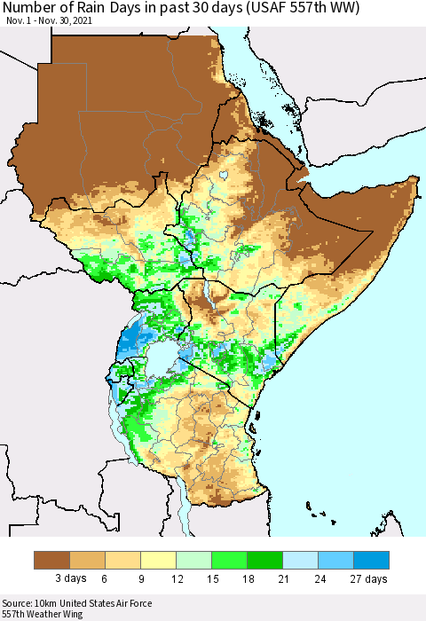 Eastern Africa Number of Rain Days in past 30 days (USAF 557th WW) 11/30/2021 Thematic Map For 11/26/2021 - 11/30/2021