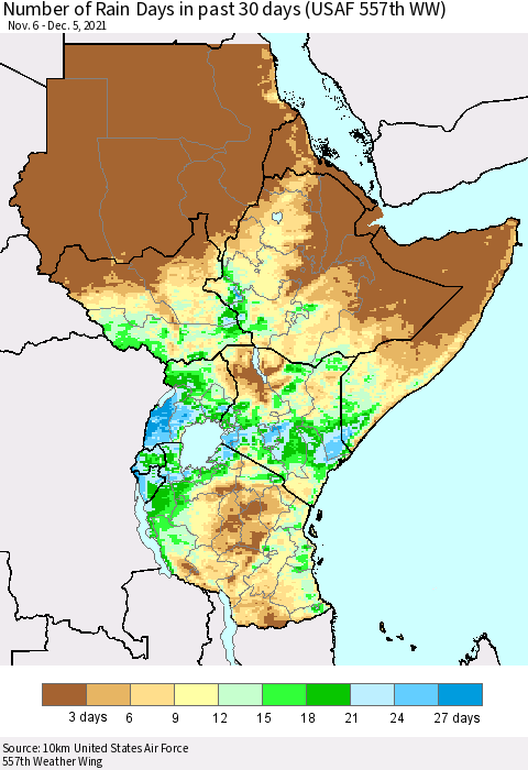 Eastern Africa Number of Rain Days in past 30 days (USAF 557th WW) 12/05/2021 Thematic Map For 12/1/2021 - 12/5/2021