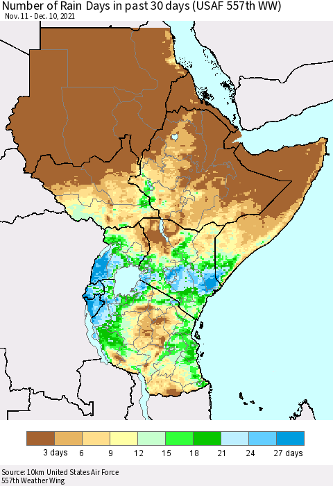 Eastern Africa Number of Rain Days in past 30 days (USAF 557th WW) 12/10/2021 Thematic Map For 12/6/2021 - 12/10/2021