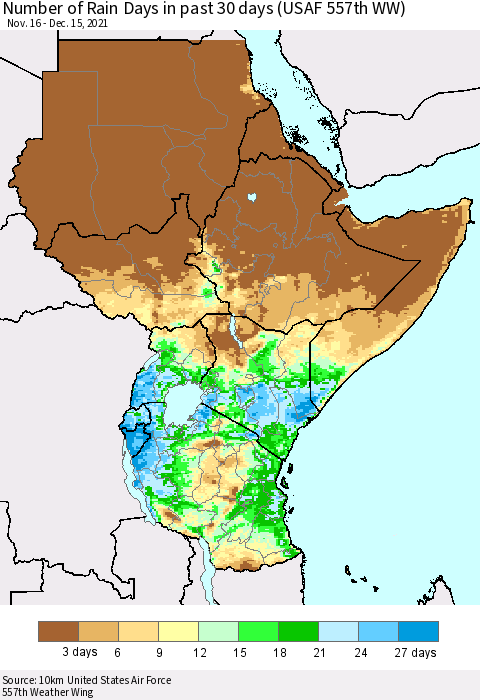 Eastern Africa Number of Rain Days in past 30 days (USAF 557th WW) 12/15/2021 Thematic Map For 12/11/2021 - 12/15/2021