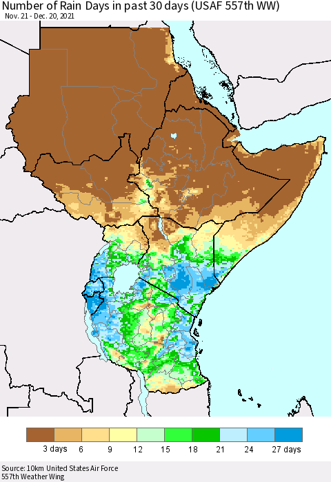 Eastern Africa Number of Rain Days in past 30 days (USAF 557th WW) 12/20/2021 Thematic Map For 12/16/2021 - 12/20/2021