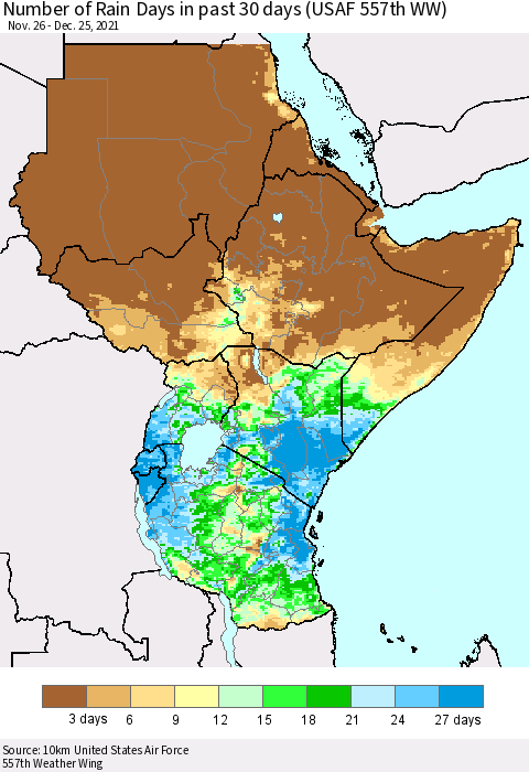 Eastern Africa Number of Rain Days in past 30 days (USAF 557th WW) 12/25/2021 Thematic Map For 12/21/2021 - 12/25/2021