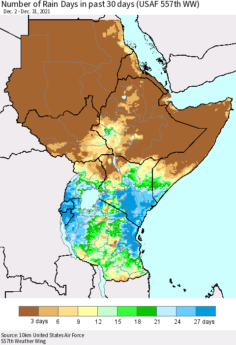 Eastern Africa Number of Rain Days in past 30 days (USAF 557th WW) 12/31/2021 Thematic Map For 12/26/2021 - 12/31/2021