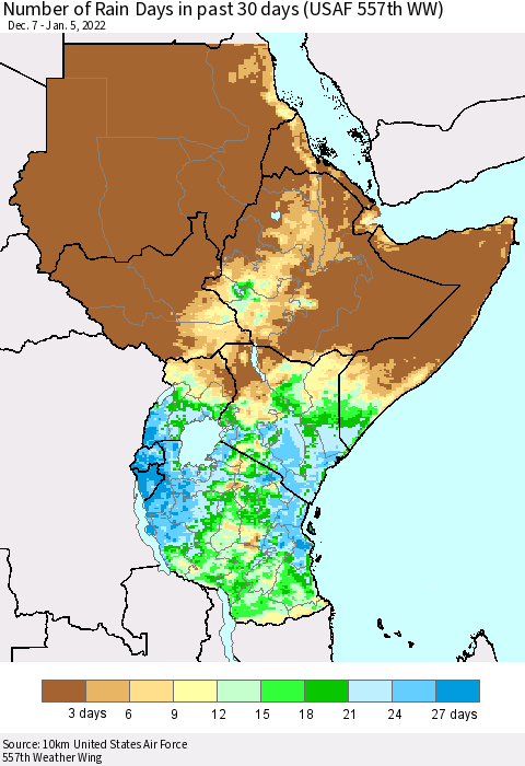 Eastern Africa Number of Rain Days in past 30 days (USAF 557th WW) 01/05/2022 Thematic Map For 1/1/2022 - 1/5/2022