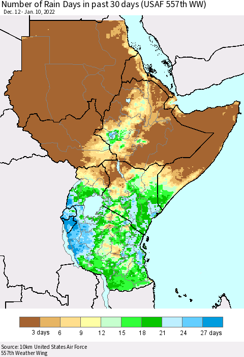 Eastern Africa Number of Rain Days in past 30 days (USAF 557th WW) 01/10/2022 Thematic Map For 1/6/2022 - 1/10/2022