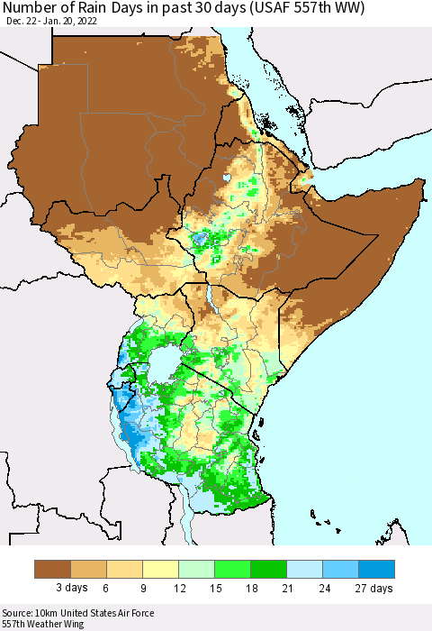 Eastern Africa Number of Rain Days in past 30 days (USAF 557th WW) 01/20/2022 Thematic Map For 1/16/2022 - 1/20/2022